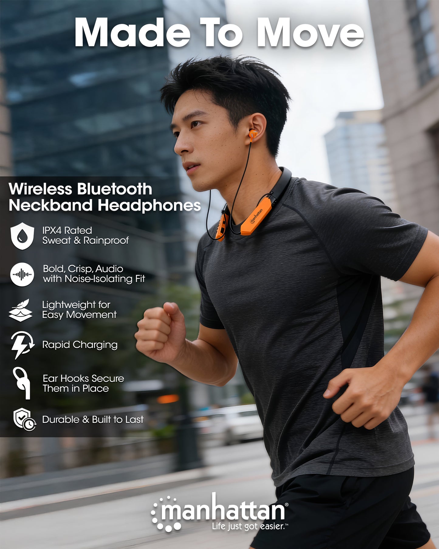 Wireless Sport Headphones with Neckband, Black/Orange Image 14