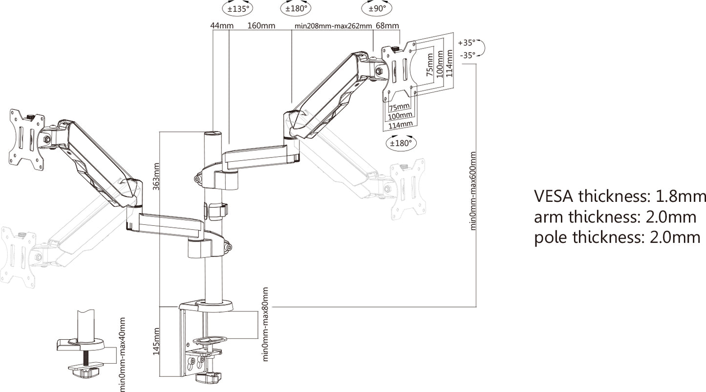 Universal Gas Spring Monitor Mount with Height-Adjustable Arms, for 17" to 32" Displays Image 11