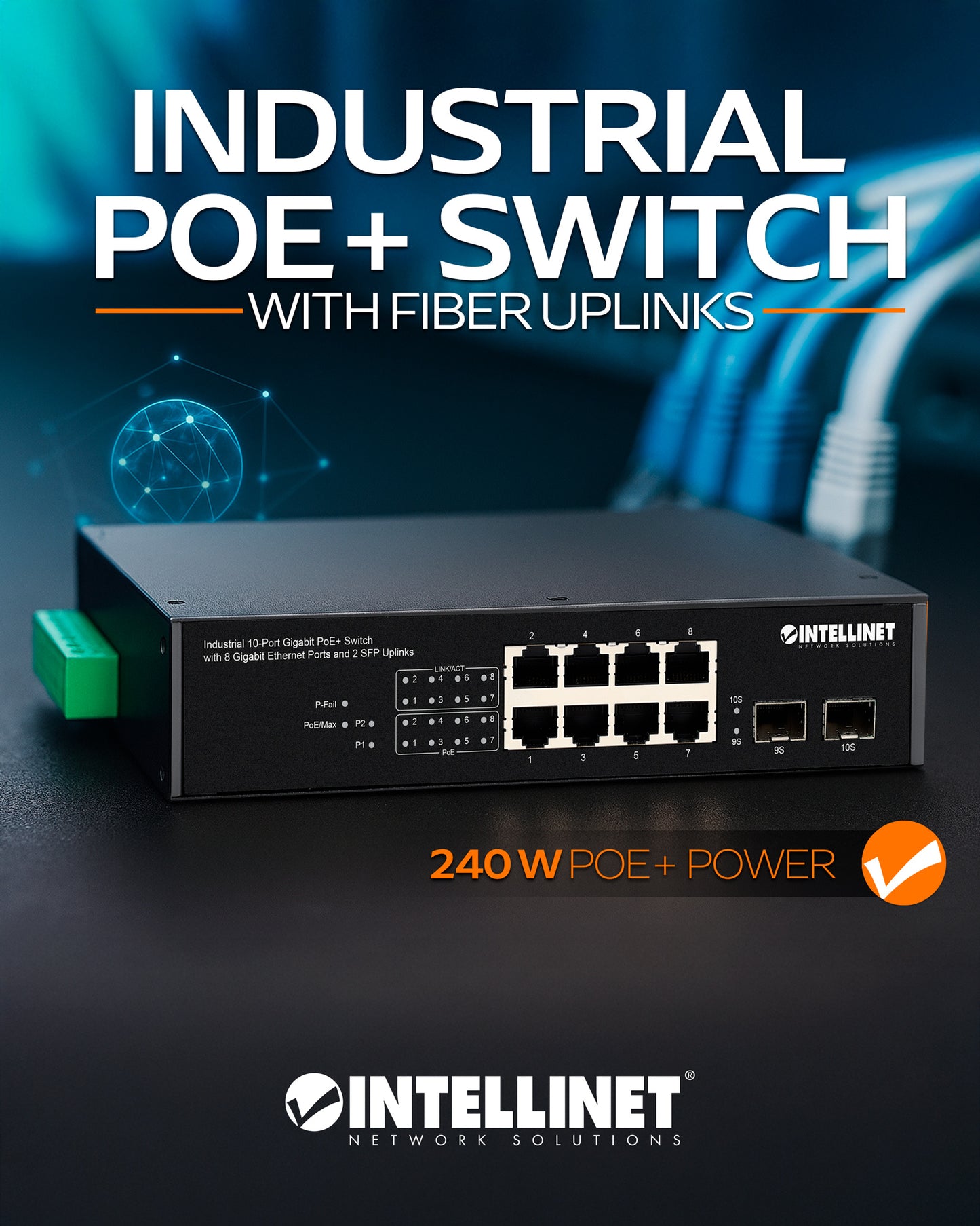 Industrial 10-Port Gigabit PoE+ Switch with 8 Gigabit Ethernet Ports and 2 SFP Uplinks Image 10