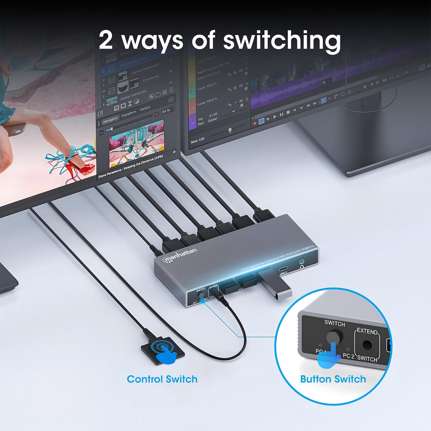 2-Port Dual-Monitor DisplayPort MST KVM Switch 4K@60Hz Image 5