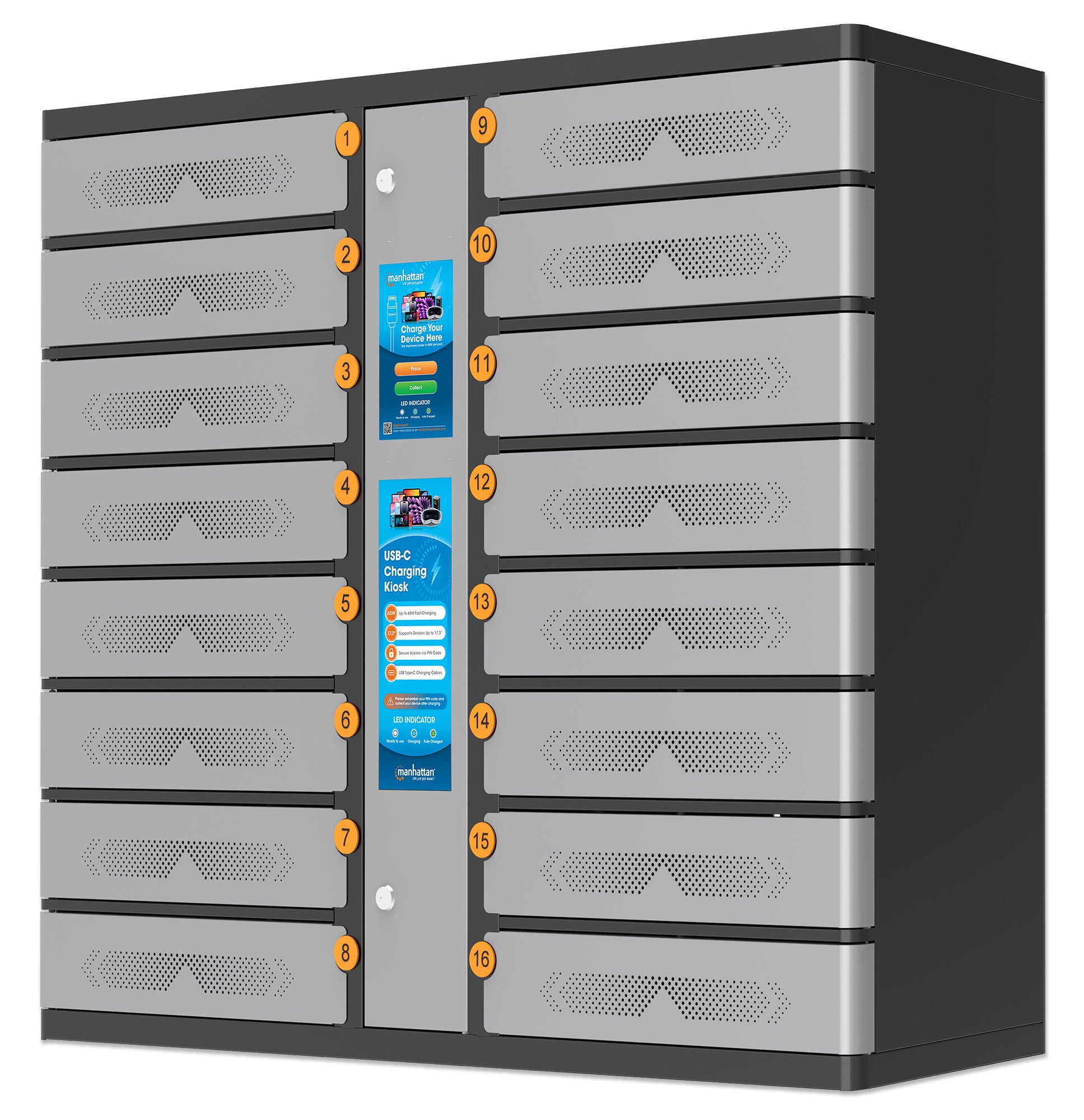 16-Compartment USB-C Charging Kiosk - 65W per Port Image 1