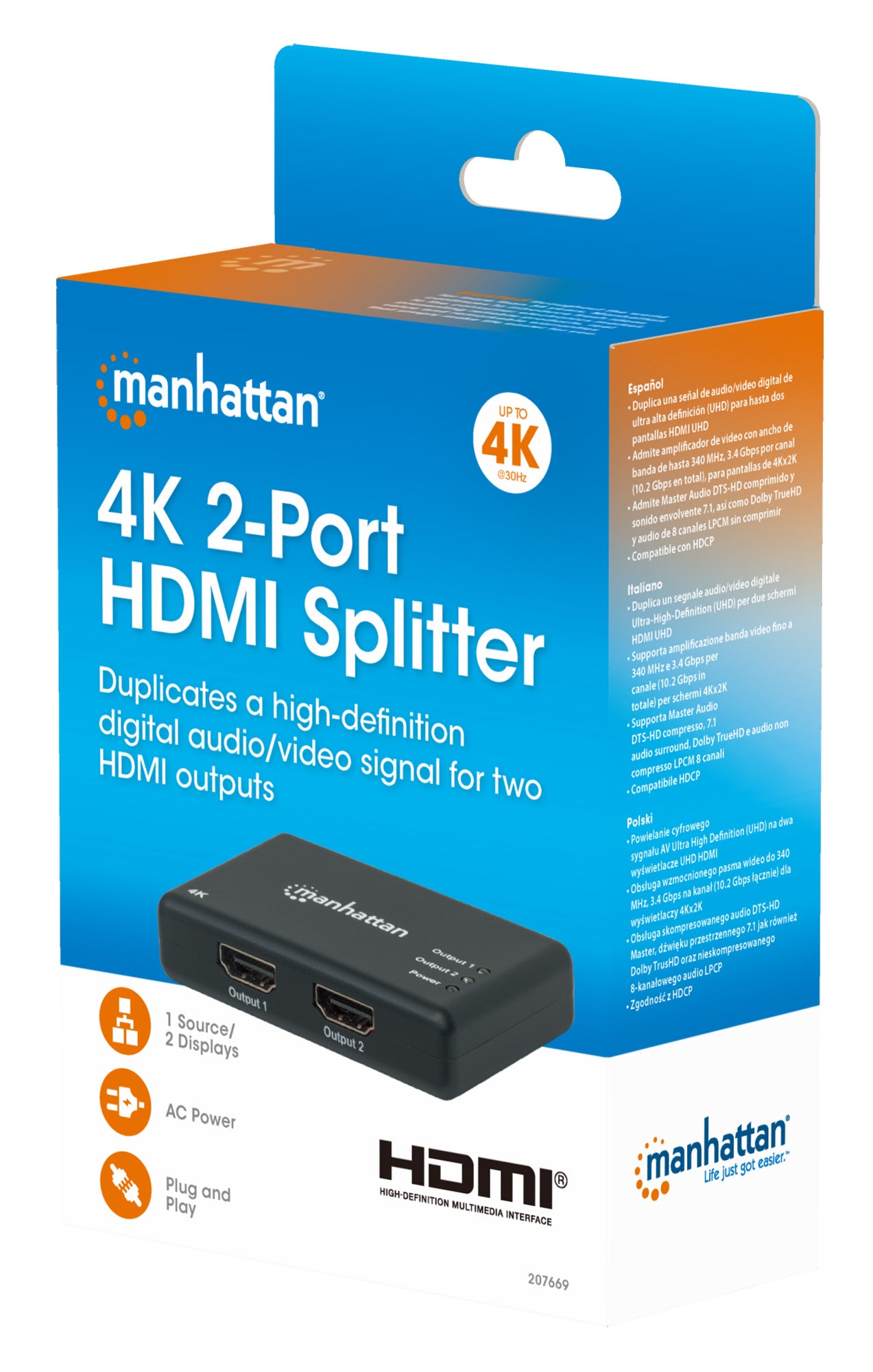 4K@30Hz 2-Port HDMI Splitter Packaging Image 2