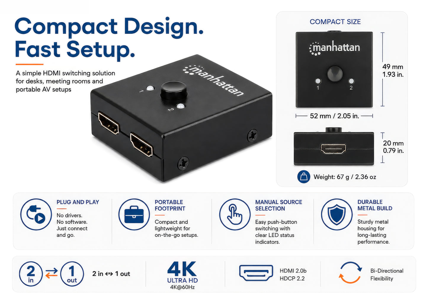 4K@60Hz Bi-Directional 2-Port HDMI Switch Image 11