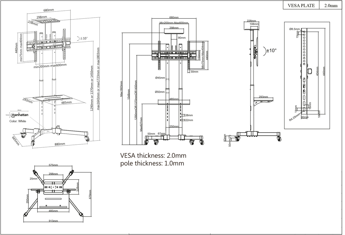 Economy Height-Adjustable Multimedia TV Cart, for 37" to 70" Displays Image 13