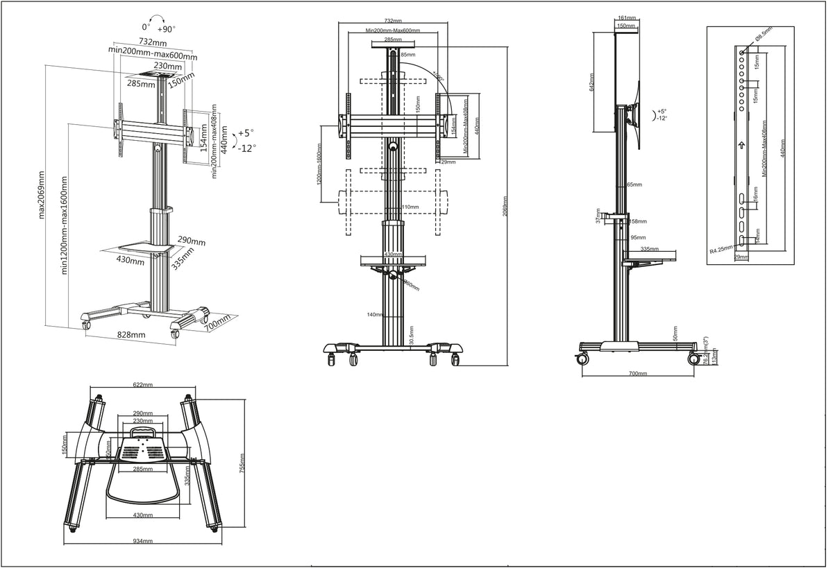 Aluminum Height-Adjustable Multimedia TV Cart, for 37" to 86" Displays Image 6
