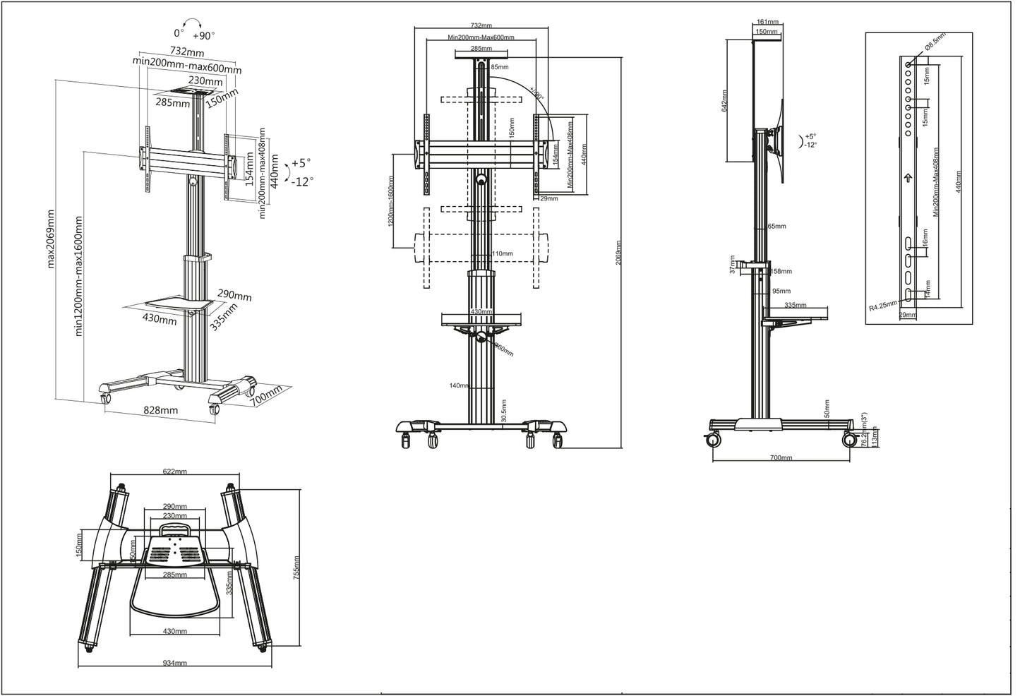 Aluminum Height-Adjustable Multimedia TV Cart, for 37" to 65" Displays Image 6