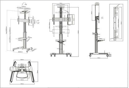 Aluminum Height-Adjustable Multimedia TV Cart, for 37" to 65" Displays Image 6