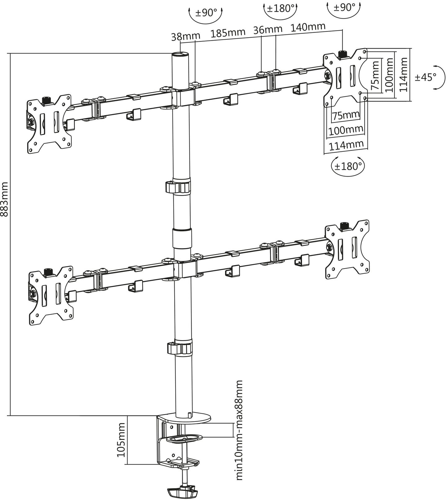 Universal Four Monitor Mount with Double-Link Swing Arms Image 6