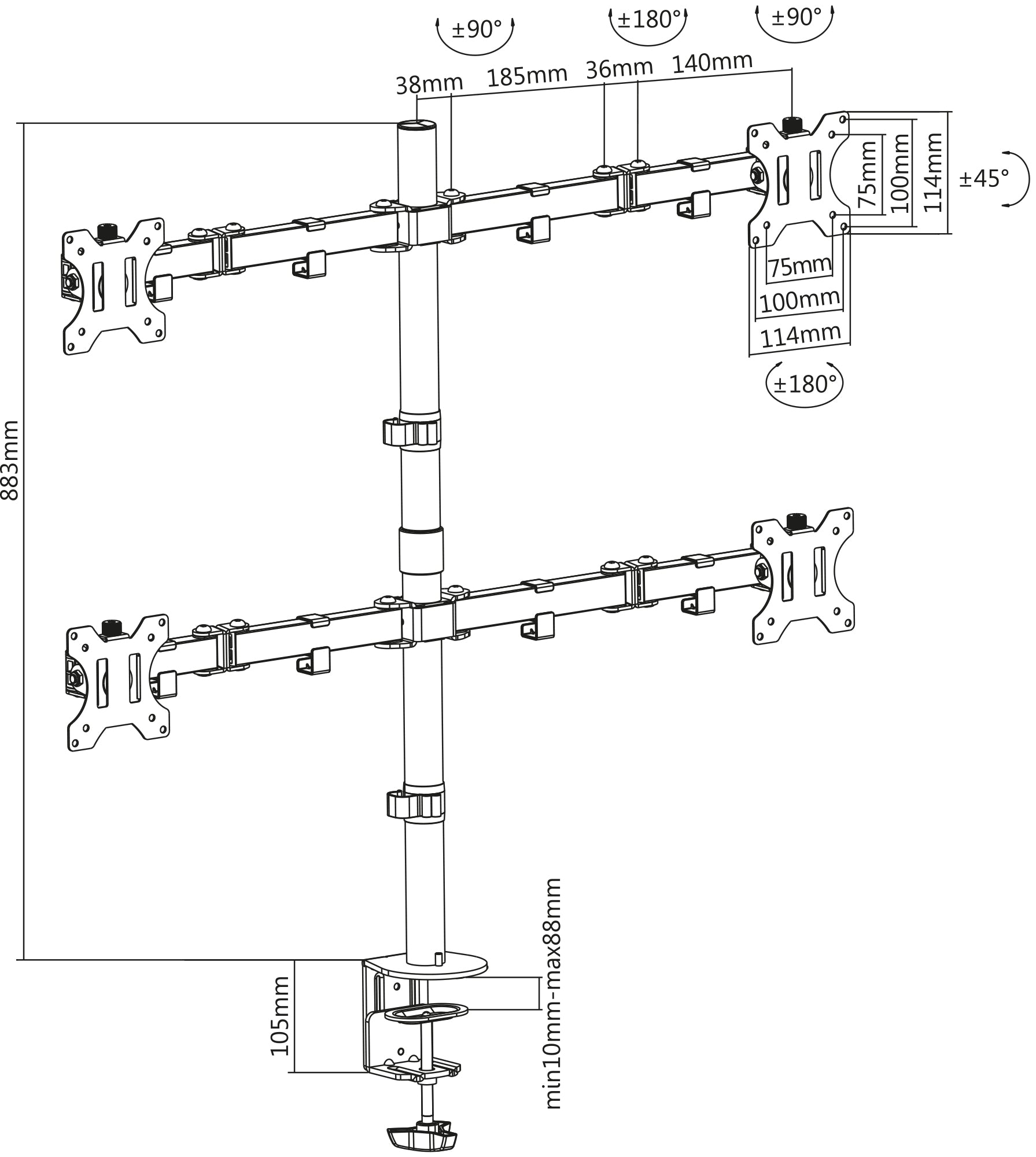 Universal Four Monitor Mount with Double-Link Swing Arms Image 6