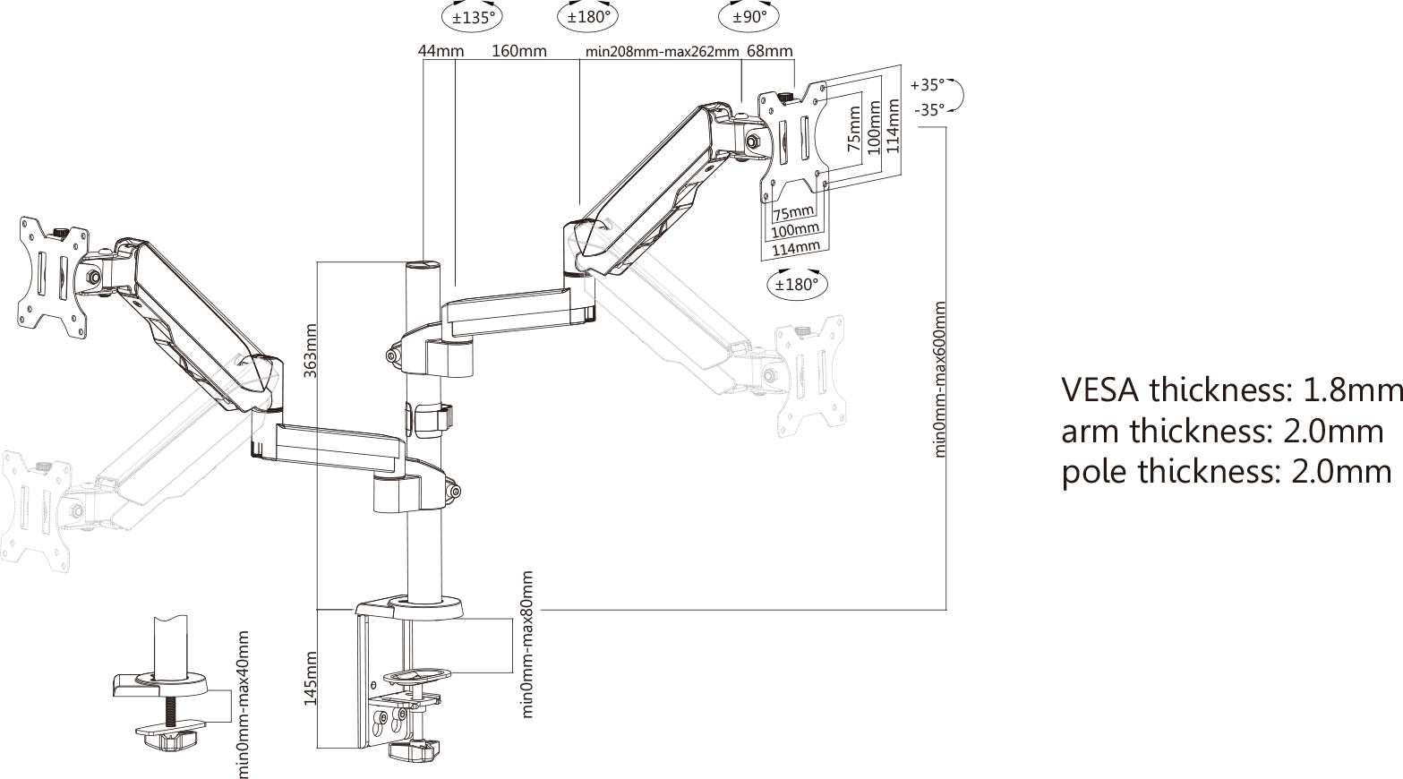 Universal Gas Spring Monitor Mount with Height-Adjustable Arms, for 17" to 32" Displays Image 11