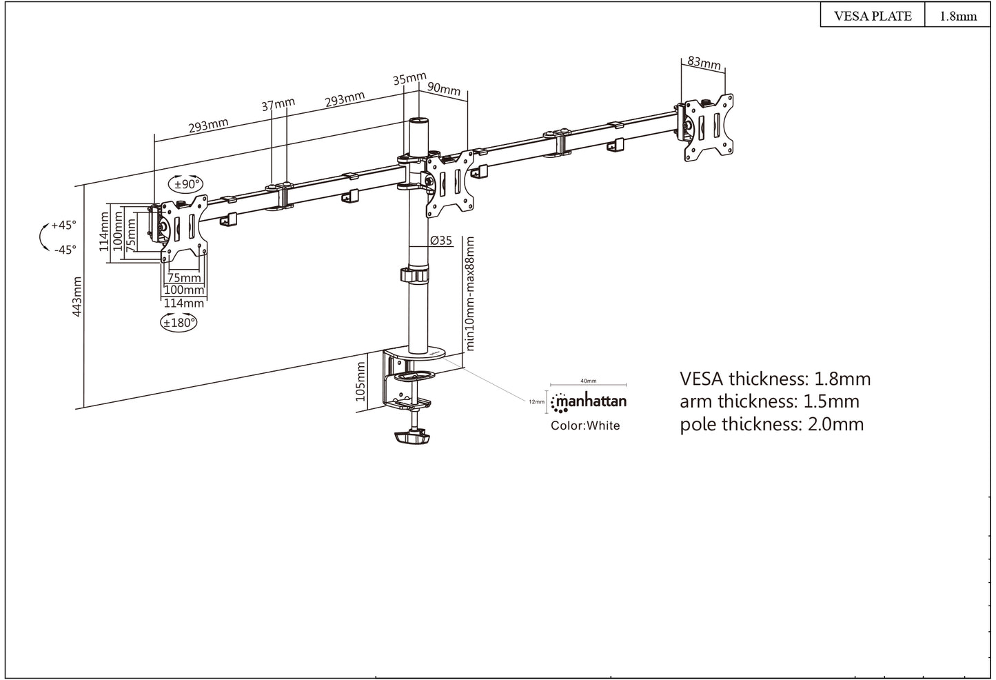 Triple Monitor Mount with Center Mount and Double-Link Swing Arms, for 13" to 27" Displays Image 8