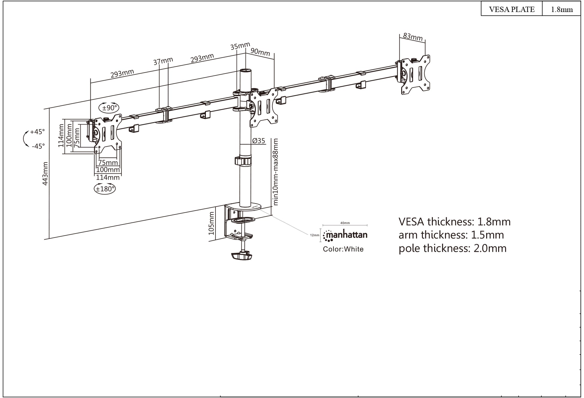 Triple Monitor Mount with Center Mount and Double-Link Swing Arms, for 13" to 27" Displays Image 8