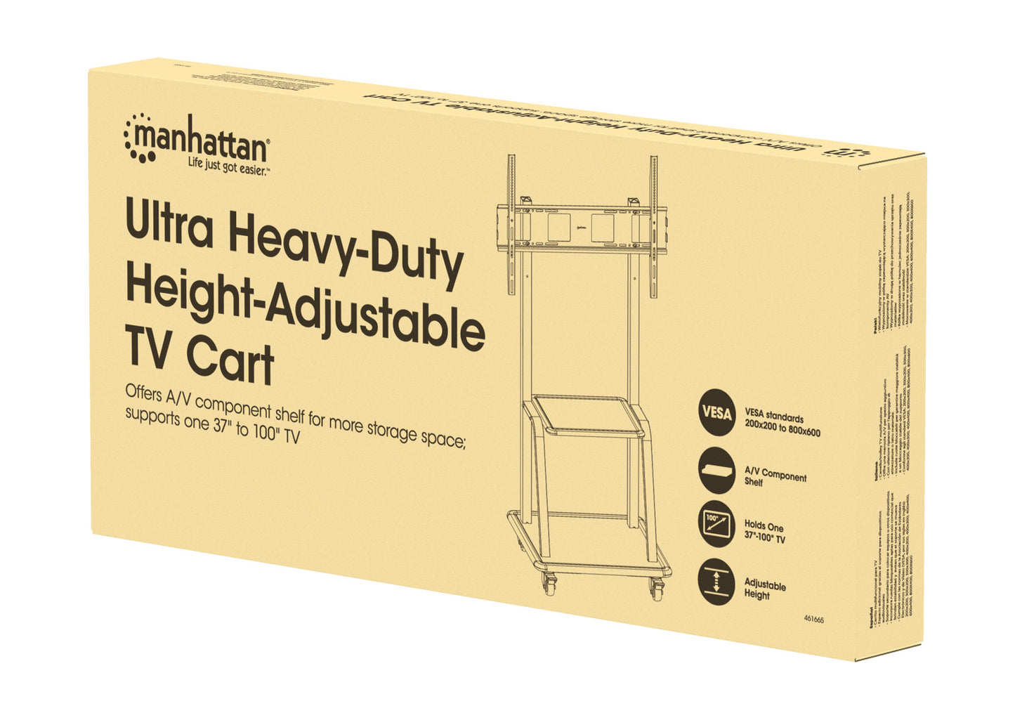 Ultra Heavy-Duty Height-Adjustable TV Cart, for 37" to 100" Displays Packaging Image 2