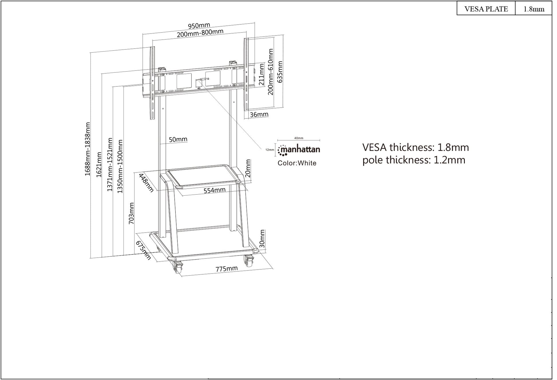 Ultra Heavy-Duty Height-Adjustable TV Cart, for 37" to 100" Displays Image 7