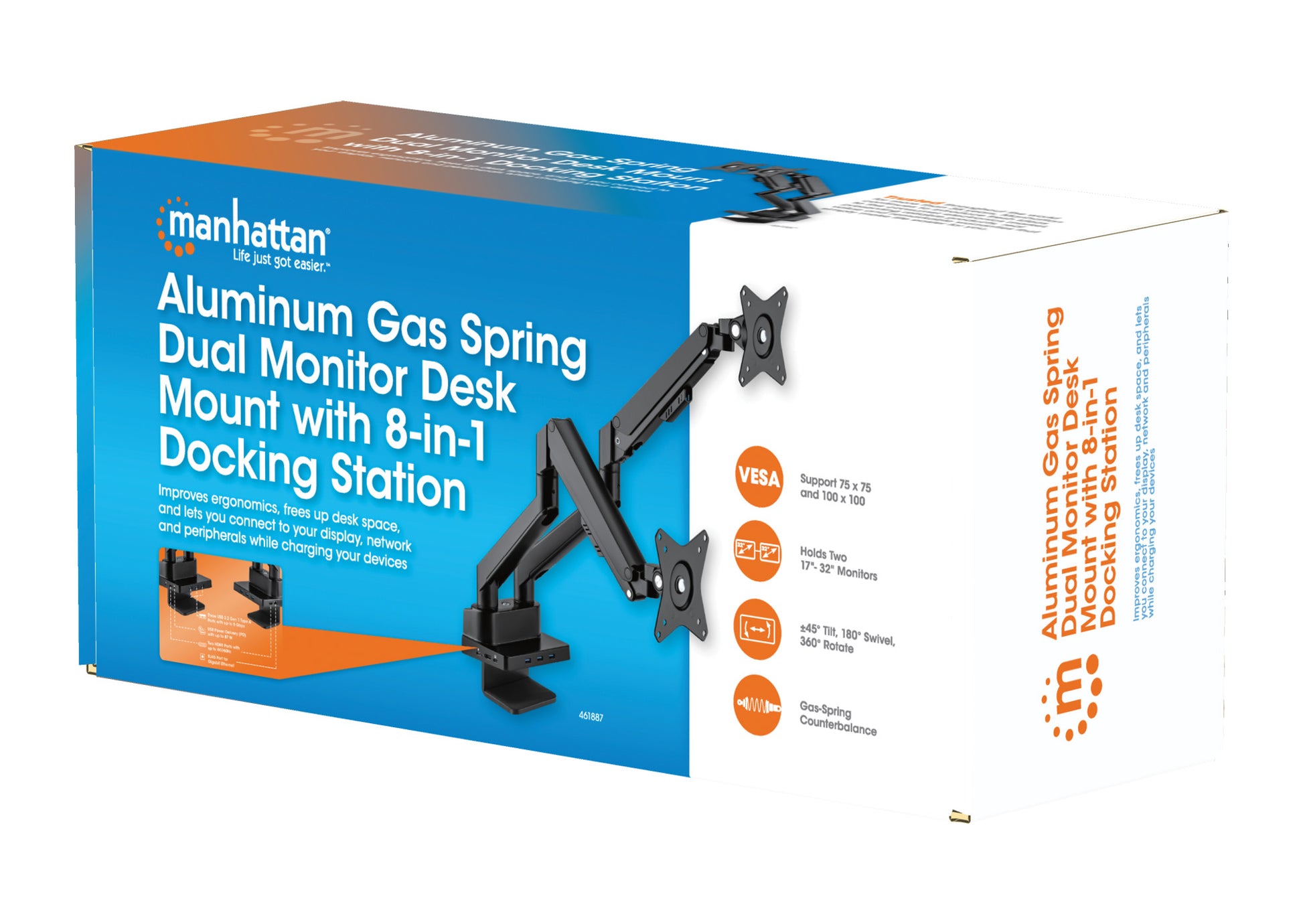 Aluminum Gas Spring Dual Monitor Desk Mount with 8-in-1 Docking Station Packaging Image 2