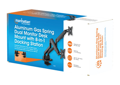 Aluminum Gas Spring Dual Monitor Desk Mount with 8-in-1 Docking Station Packaging Image 2
