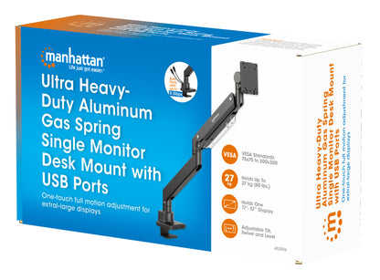 Ultra Heavy-Duty Aluminum Gas Spring Single Monitor Desk Mount with USB Ports Packaging Image 2