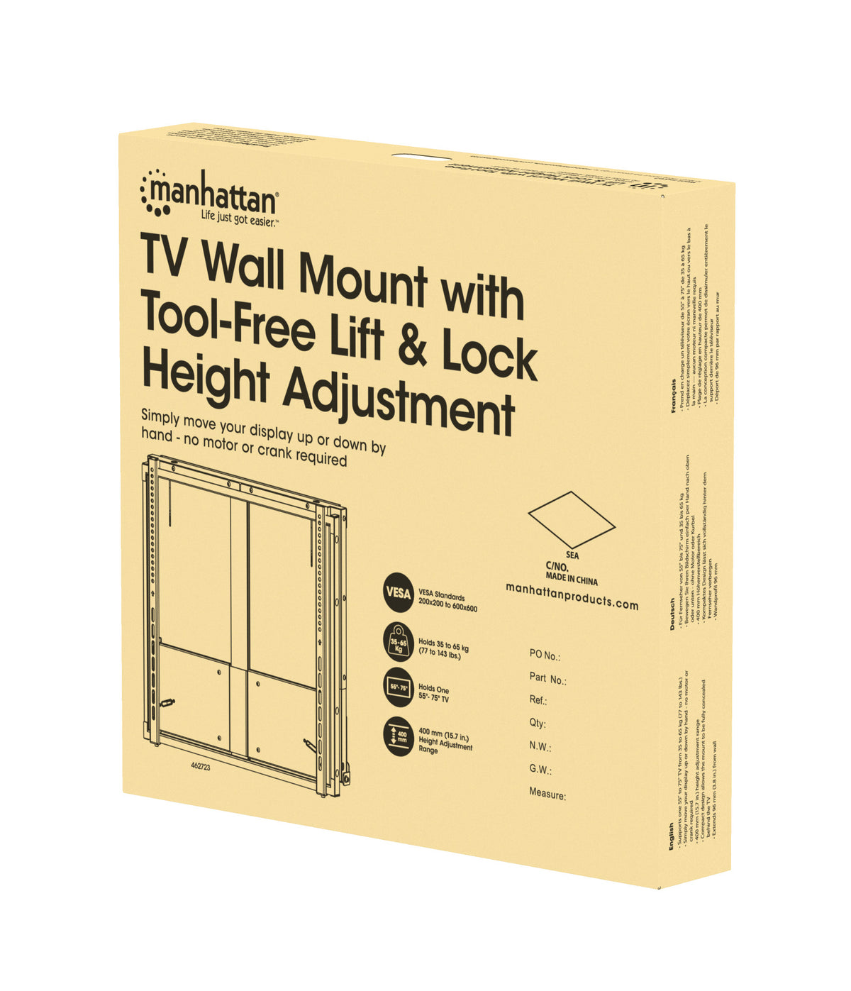 TV Wall Mount with Tool-Free Lift & Lock Height Adjustment, for 55" to 75" Displays Packaging Image 2