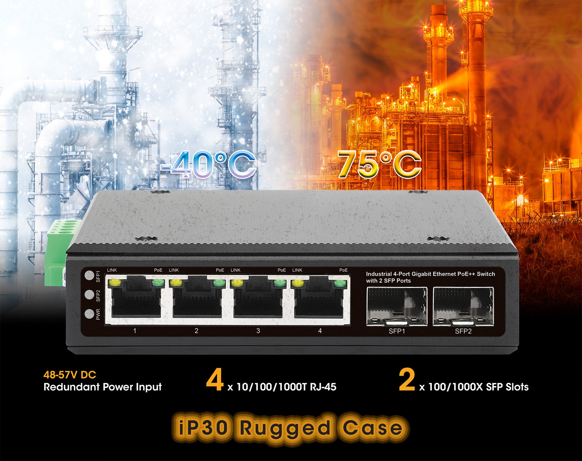 Industrial 4-Port Gigabit Ethernet PoE++ Switch with 2 SFP Ports Image 9