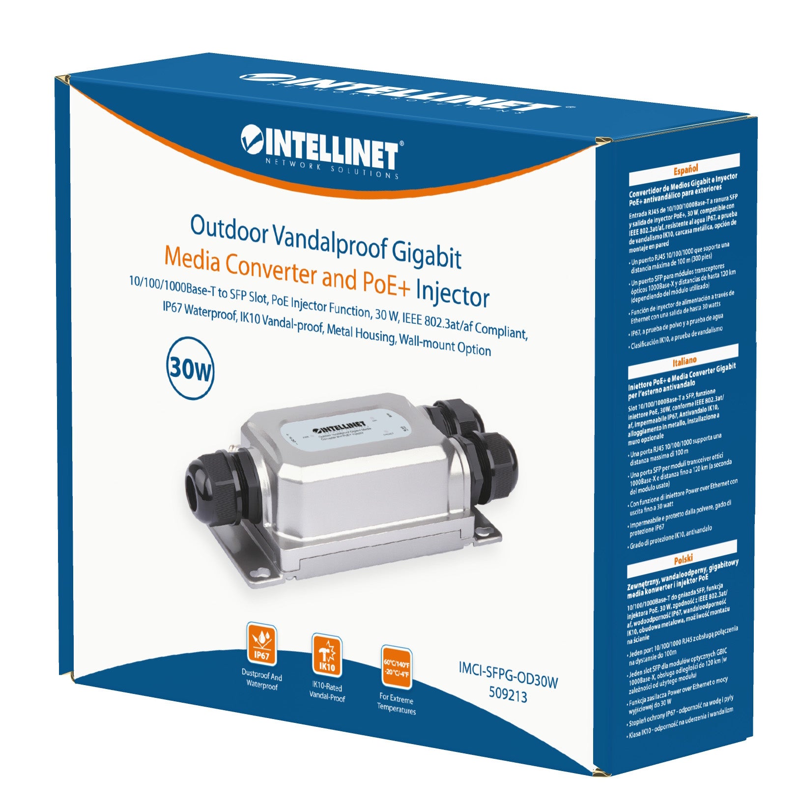 Outdoor Vandalproof Gigabit Media Converter and PoE+ Injector 30W Packaging Image 2