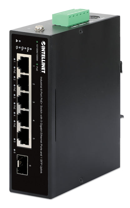 Industrial 6-Port PoE+ Switch with 5 Gigabit Ethernet Ports and 1 SFP Uplink Image 1