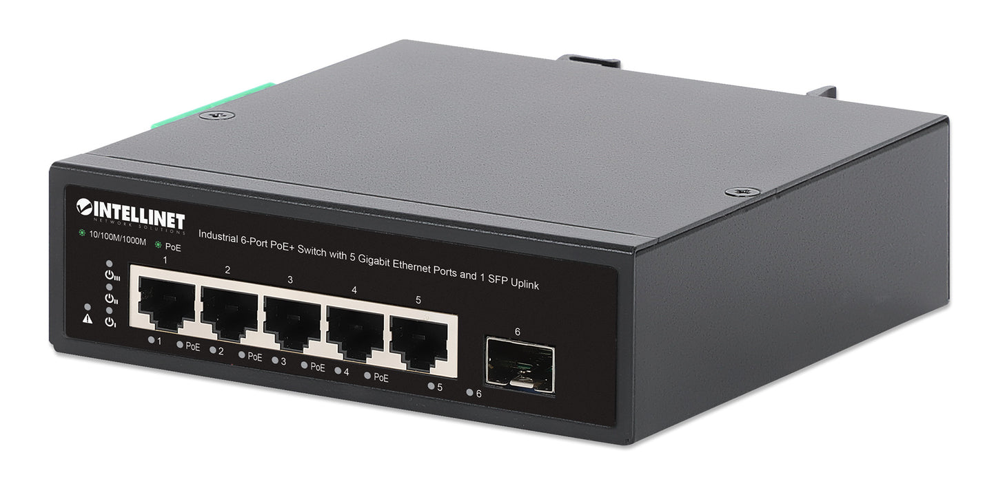 Industrial 6-Port PoE+ Switch with 5 Gigabit Ethernet Ports and 1 SFP Uplink Image 2