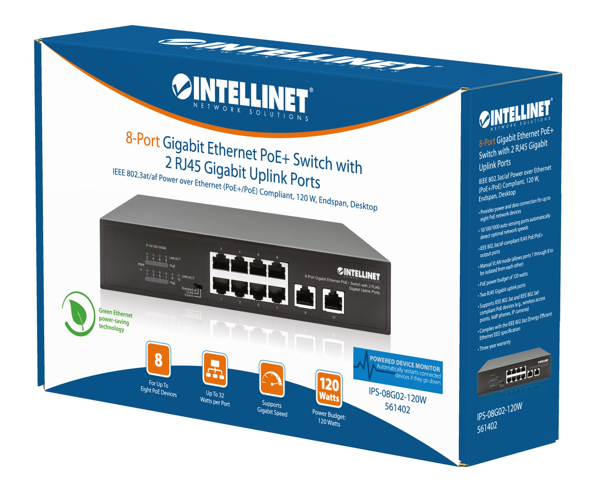 8-Port Gigabit Ethernet PoE+ Switch with 2 RJ45 Gigabit Uplink Ports Packaging Image 2