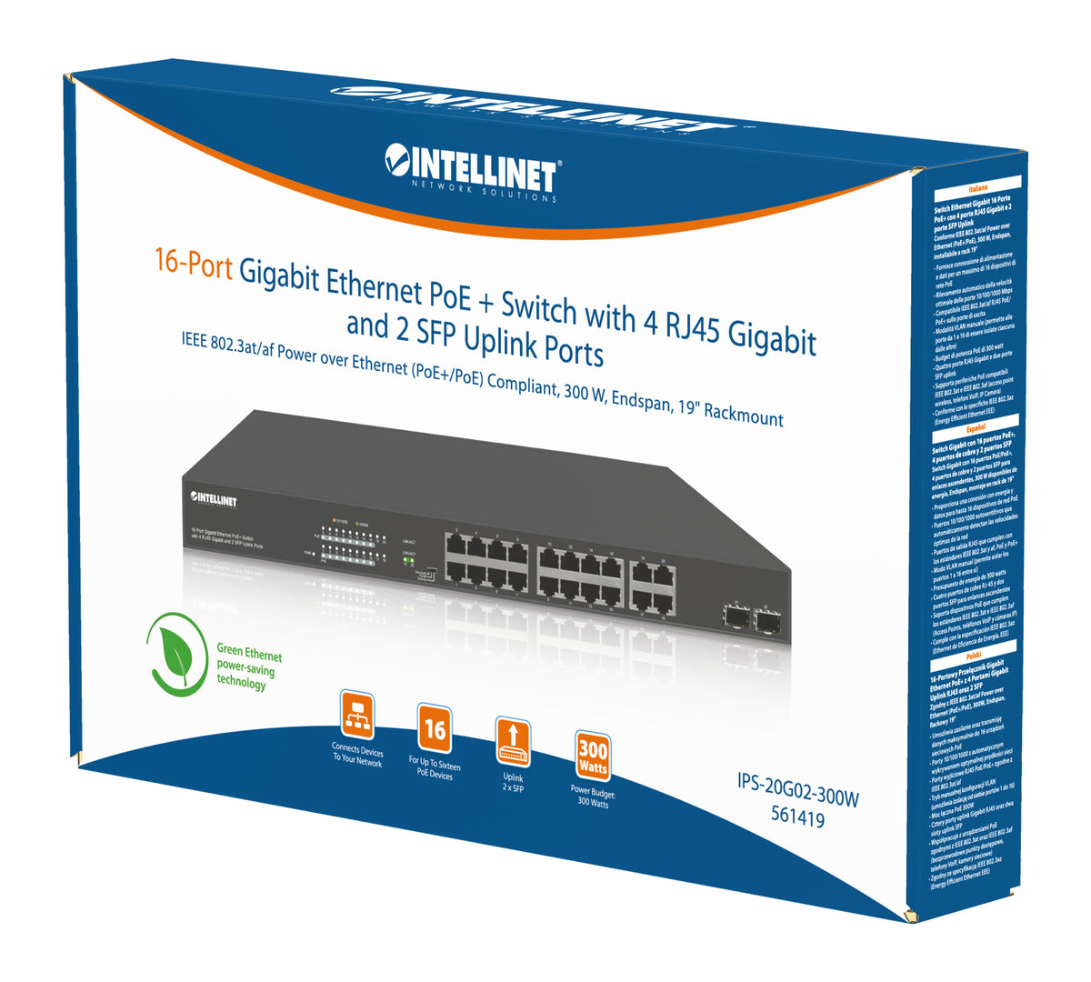 16-Port Gigabit Ethernet PoE+ Switch with 4 RJ45 Gigabit and 2 SFP Uplink Ports Packaging Image 2