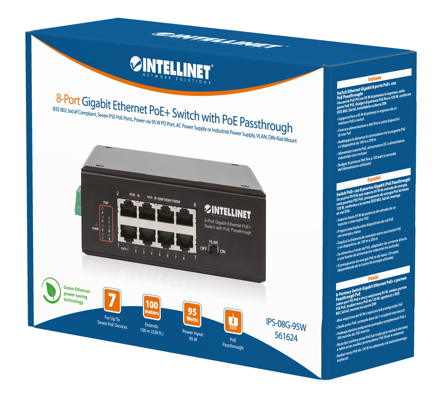 PoE-Powered 8-Port Gigabit Ethernet PoE+ Industrial Switch with PoE Passthrough Packaging Image 2