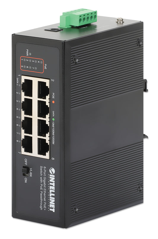 PoE-Powered 8-Port Gigabit Ethernet PoE+ Industrial Switch with PoE Passthrough Image 1