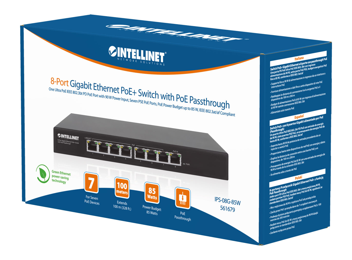 PoE-Powered 8-Port Gigabit Ethernet PoE+ Switch with PoE Passthrough Packaging Image 2