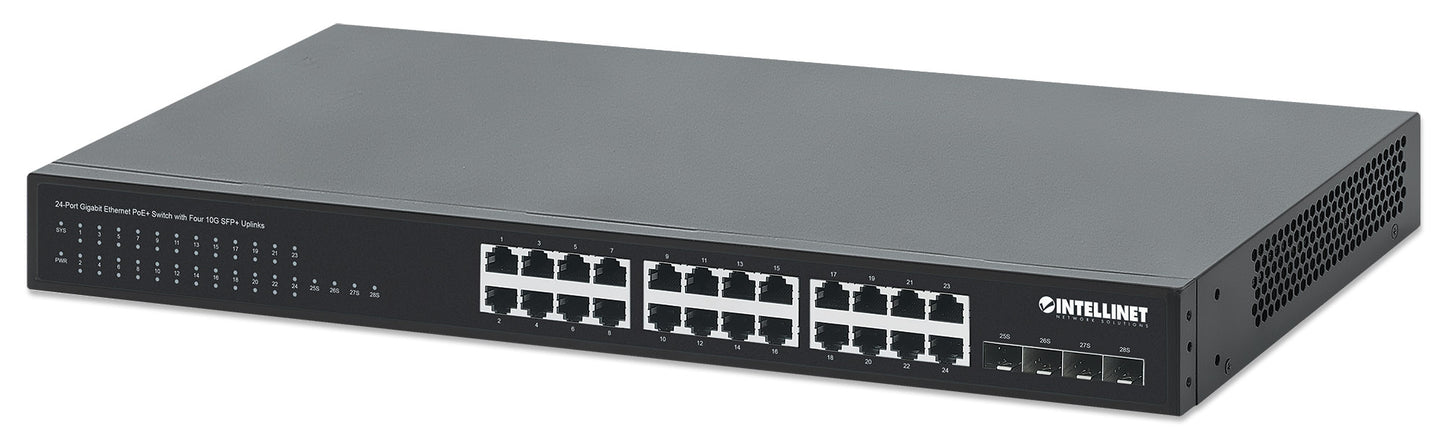 24-Port Gigabit Ethernet PoE+ Switch with Four 10G SFP+ Uplinks Image 1