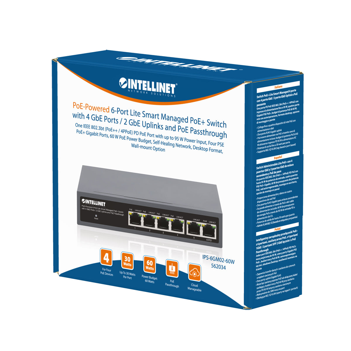 PoE-Powered 6-Port Lite Smart Managed PoE+ Switch with 4 GbE Ports / 2 GbE Uplinks and PoE Passthrough Packaging Image 2