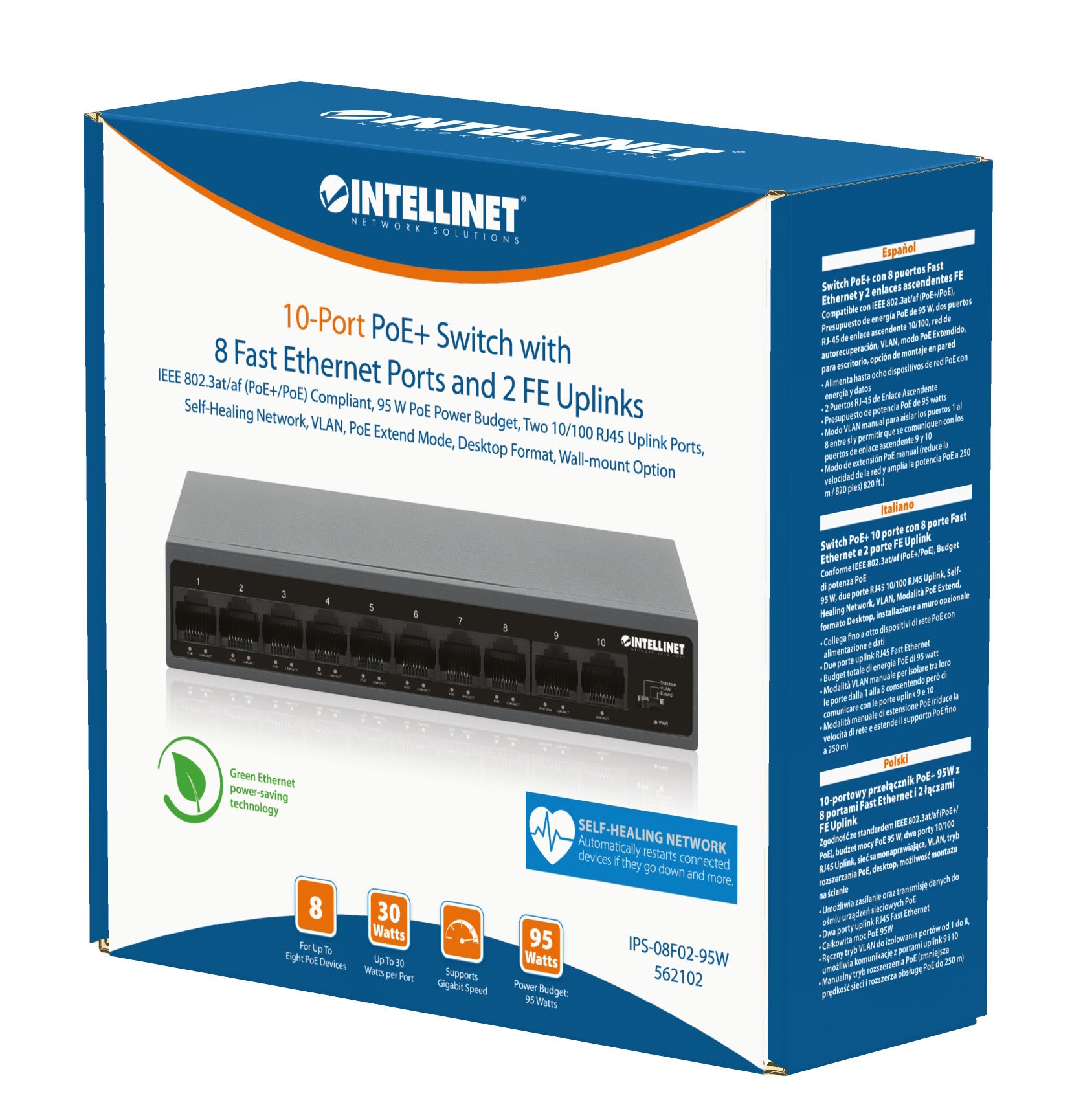 10-Port PoE+ Switch with 8 Fast Ethernet Ports and 2 FE Uplinks Packaging Image 2
