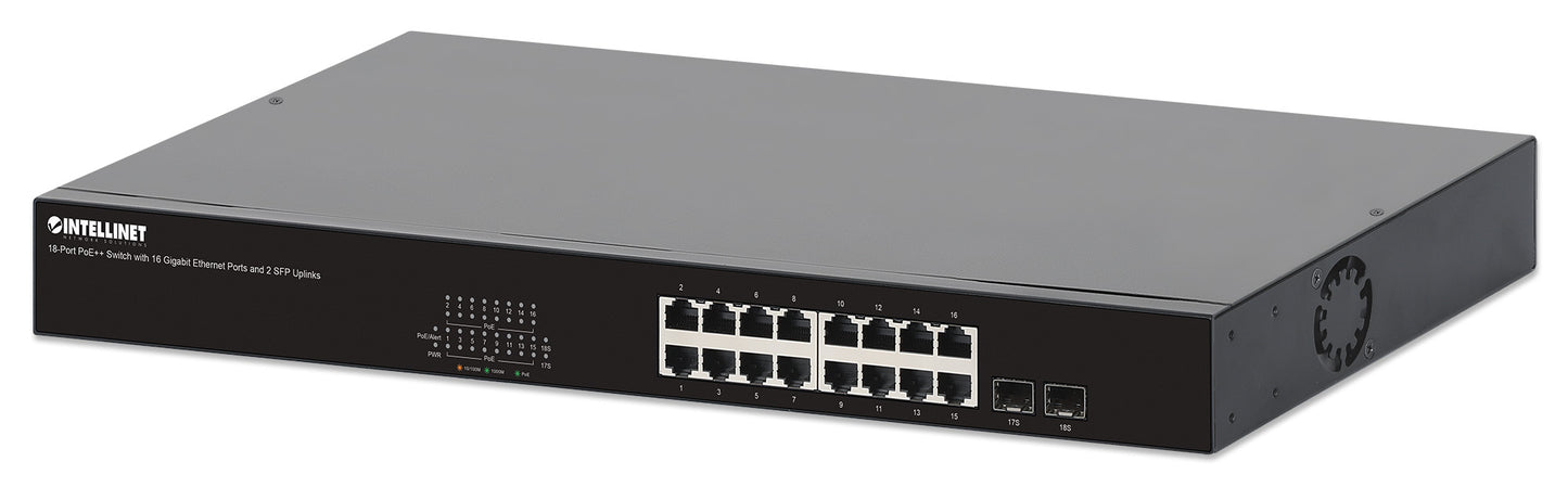 18-Port PoE++ Switch with 16 Gigabit Ethernet Ports and 2 SFP Uplinks Image 1