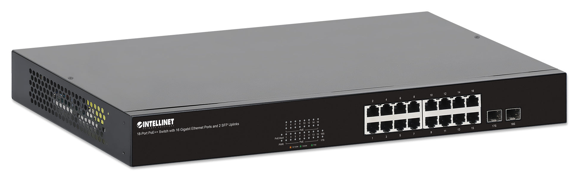 18-Port PoE++ Switch with 16 Gigabit Ethernet Ports and 2 SFP Uplinks Image 2
