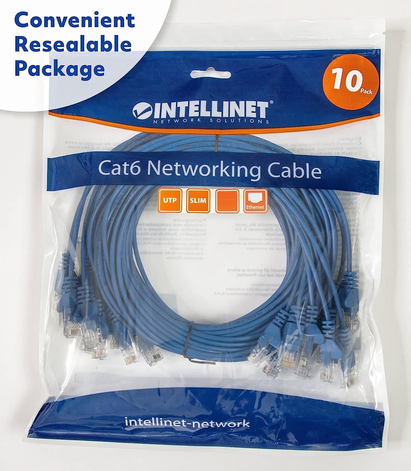 Cat6 U/UTP Slim Network Patch Cable, 1.5 ft., Blue, 10-Pack Packaging Image 2