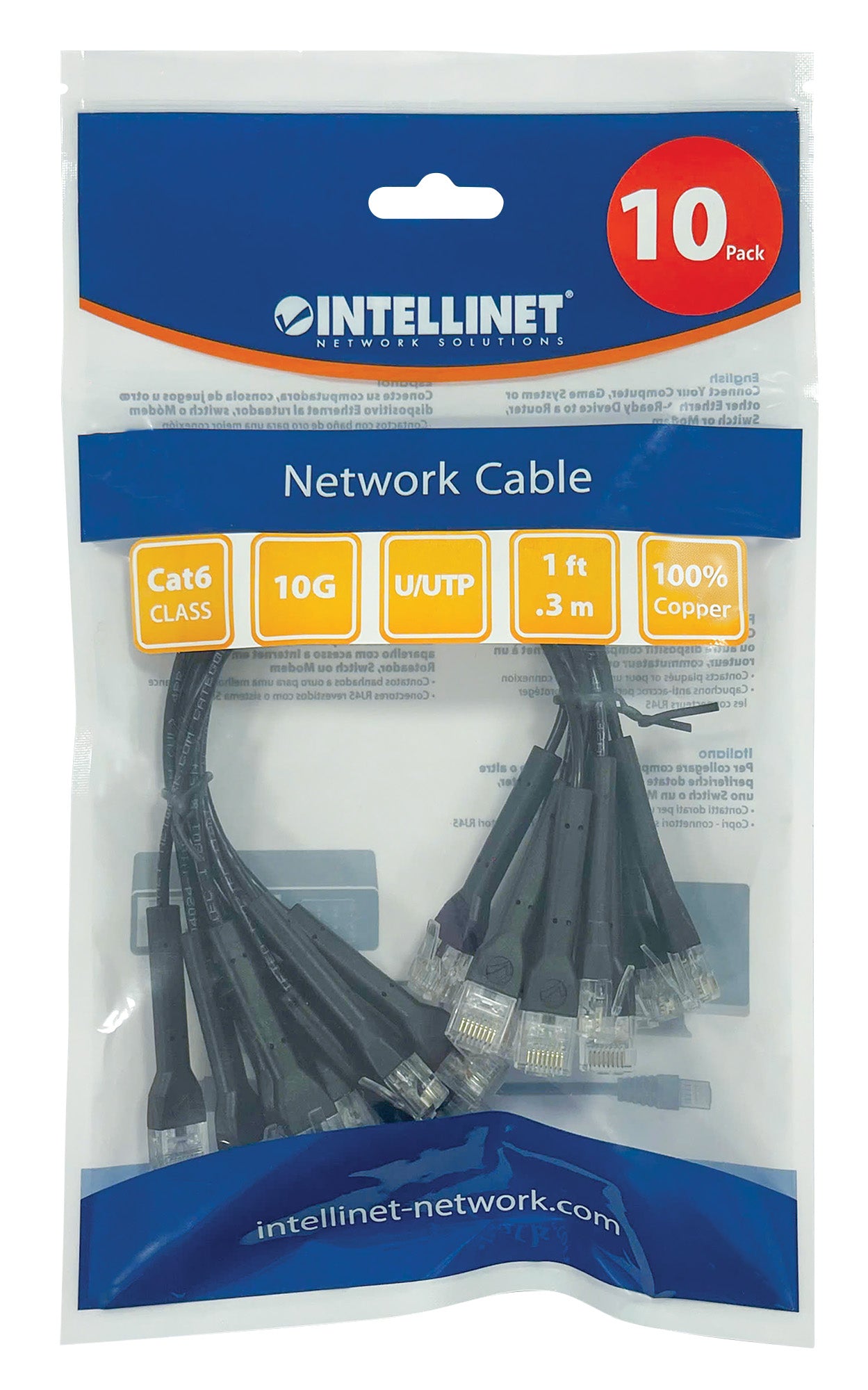 Cat6 U/UTP FlexiBoot Slim Network Patch Cable, 1 ft., Black, 10-Pack Packaging Image 2