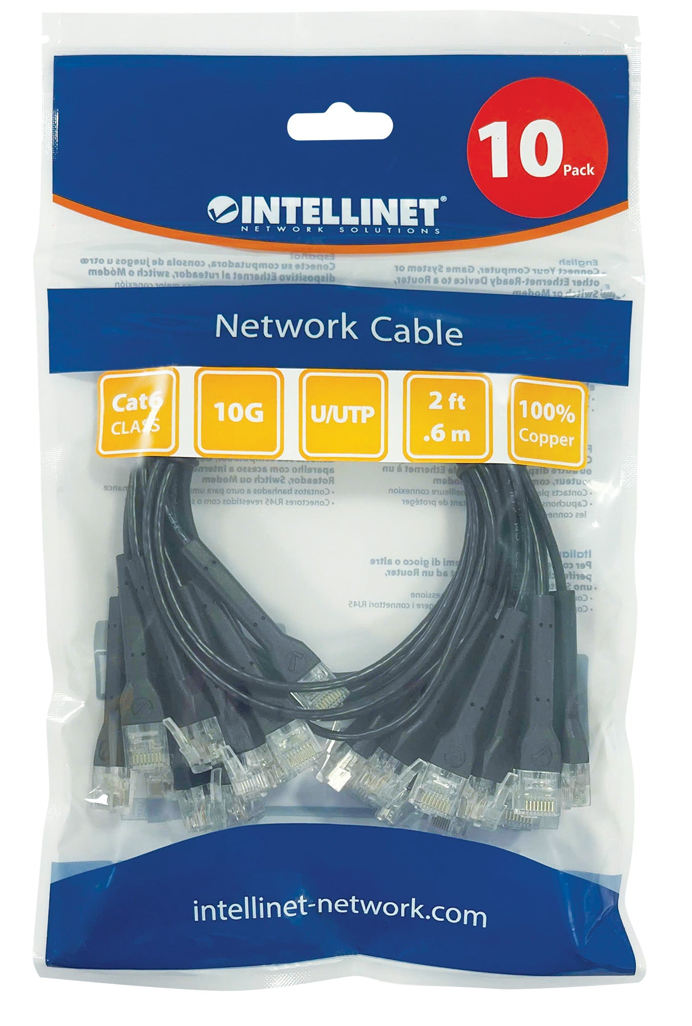Cat6 U/UTP FlexiBoot Slim Network Patch Cable, 2 ft., Black, 10-Pack Packaging Image 2