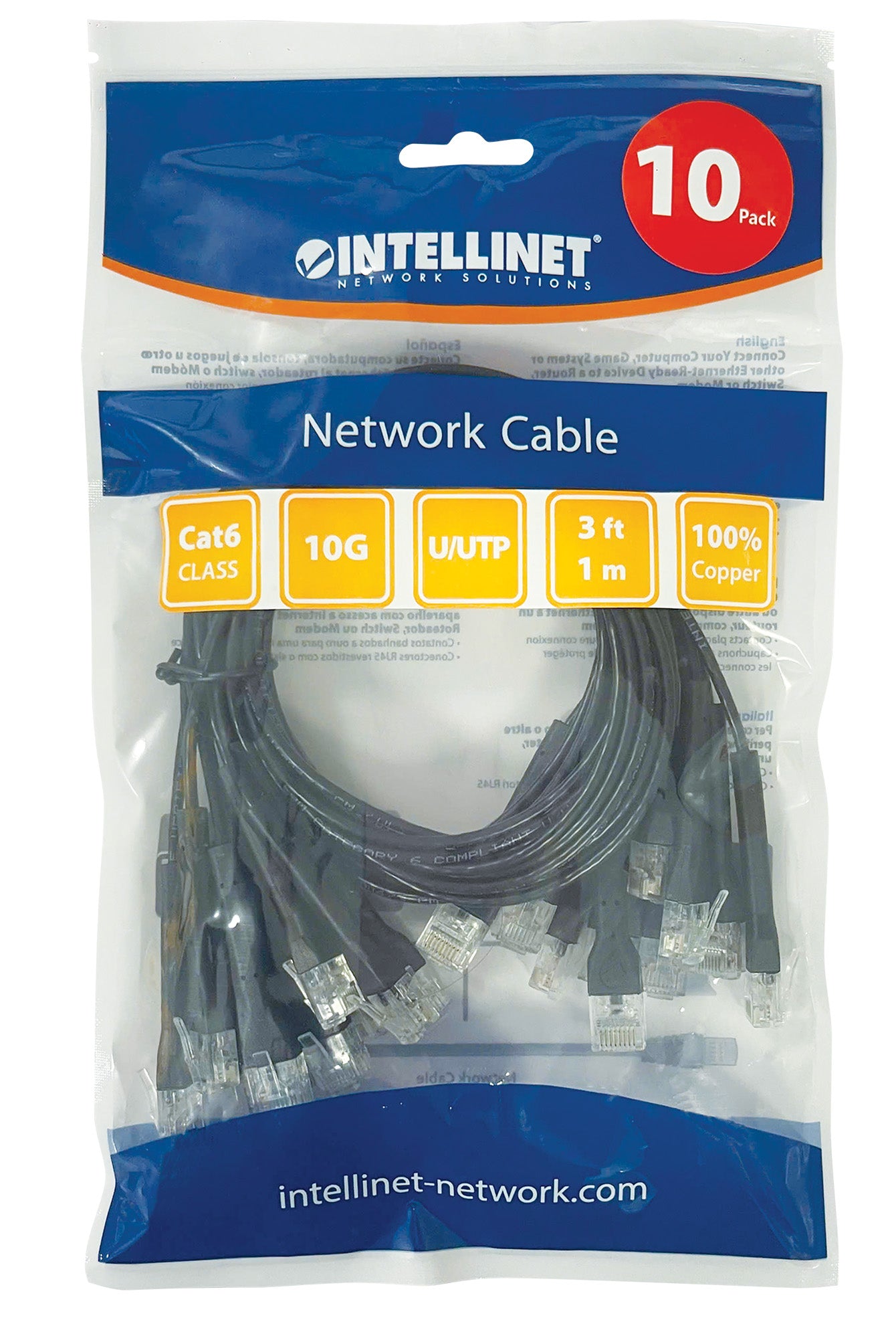 Cat6 U/UTP FlexiBoot Slim Network Patch Cable, 3 ft., Black, 10-Pack Packaging Image 2