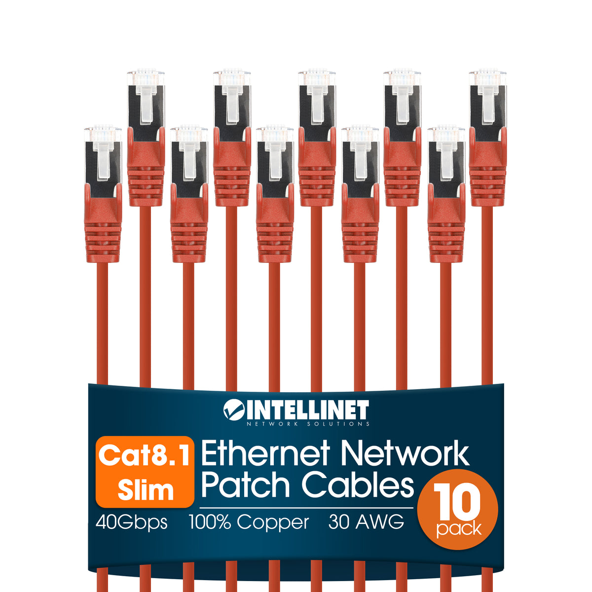 Cat8.1 U/FTP Slim Network Patch Cable, 10 ft., Red, 10-Pack Image 1