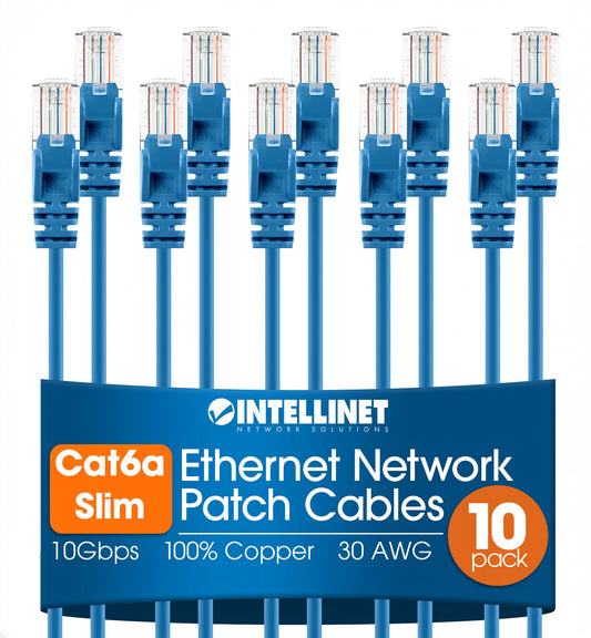 Cat6a U/UTP Slim Network Patch Cable, 3 ft., Blue, 10-Pack Image 1