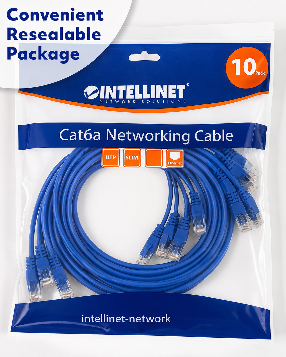 Cat6a U/UTP Slim Network Patch Cable, 10 ft., Blue, 10-Pack Packaging Image 2