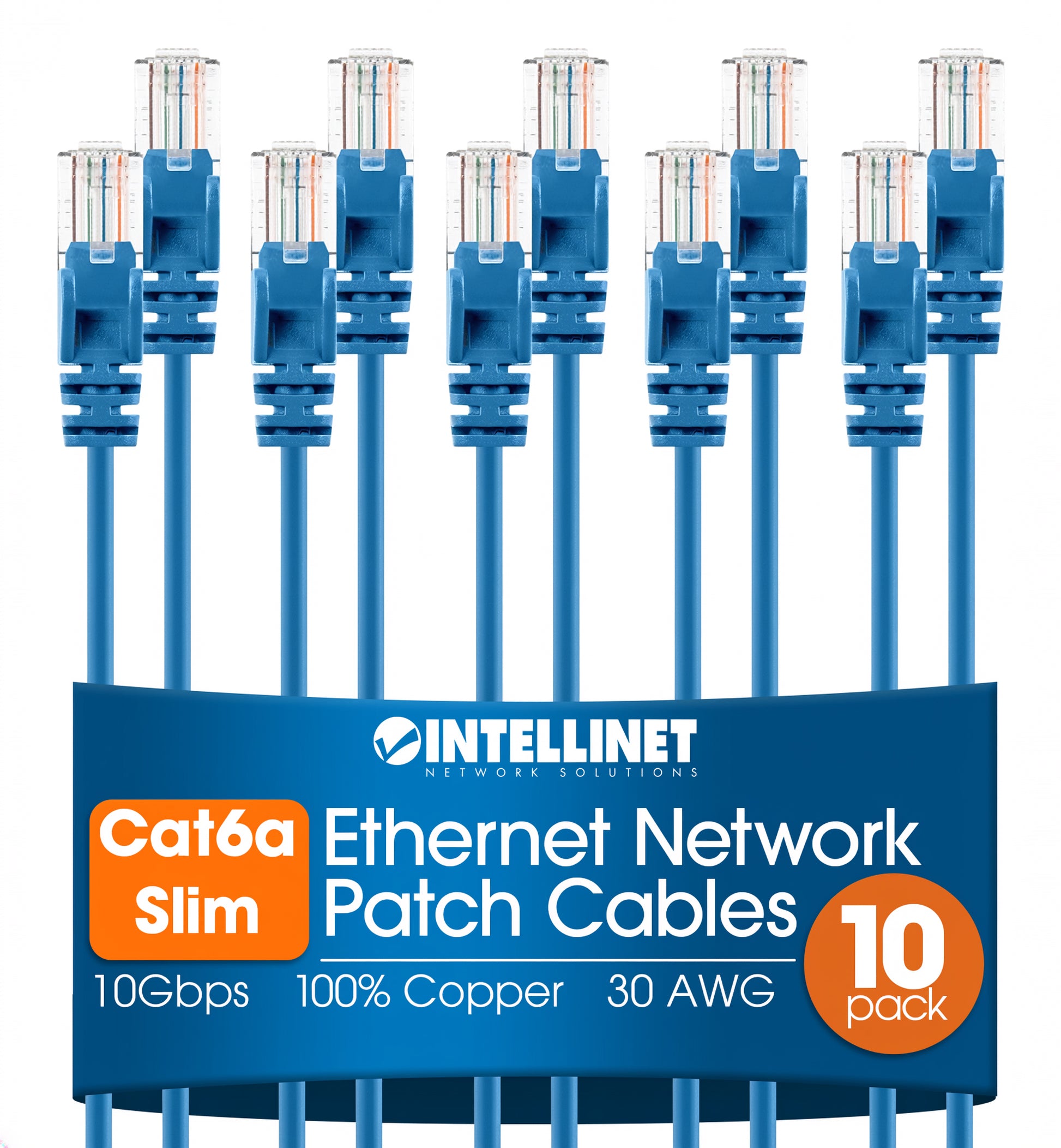 Cat6a U/UTP Slim Network Patch Cable, 10 ft., Blue, 10-Pack Image 1