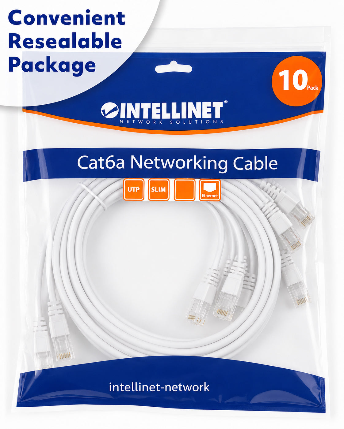 Cat6a U/UTP Slim Network Patch Cable, 1 ft., White, 10-Pack Packaging Image 2