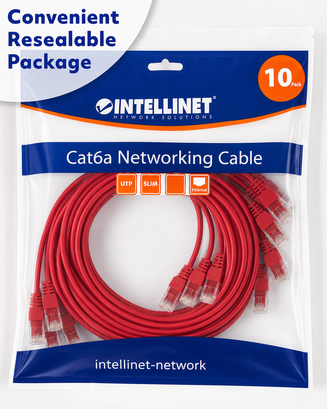 Cat6a U/UTP Slim Network Patch Cable, 0.5 ft., Red, 10-Pack Packaging Image 2