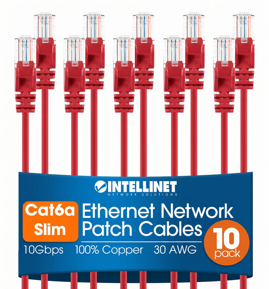 Cat6a U/UTP Slim Network Patch Cable, 1 ft., Red, 10-Pack Image 1