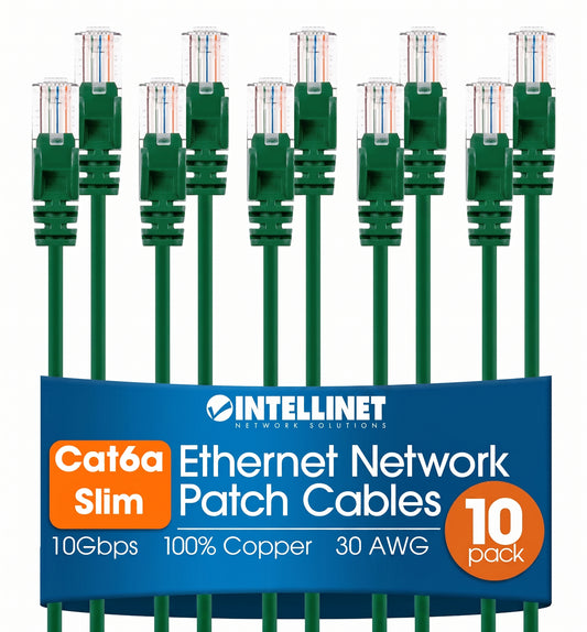 Cat6a U/UTP Slim Network Patch Cable, 3 ft., Green, 10-Pack Image 1