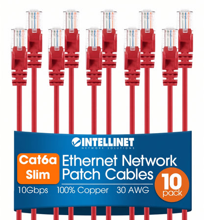 Cat6a U/UTP Slim Network Patch Cable, 3 ft., Red, 10-Pack Image 1