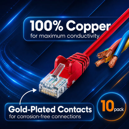 Cat6a U/UTP Slim Network Patch Cable, 3 ft., Red, 10-Pack Image 4